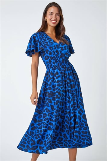 Blue Animal Print Midi Stretch Dress