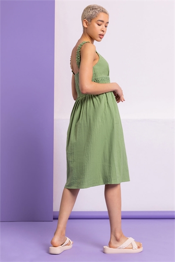 Pea Green Shirred Lace Detail Sundress, Image 2 of 6