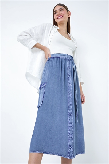 Blue Elastic Waist Button Front Pocket A Line Skirt