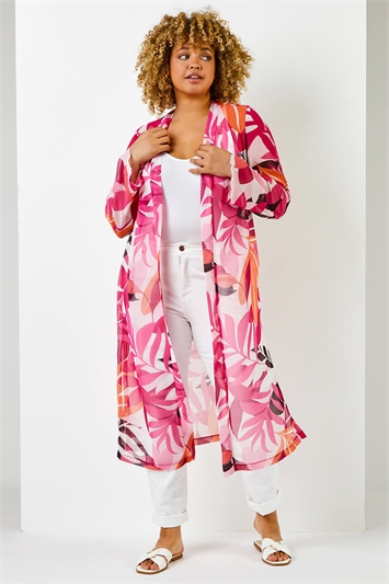 Fuchsia Curve Tropical Print Longline Kimono , Image 3 of 5