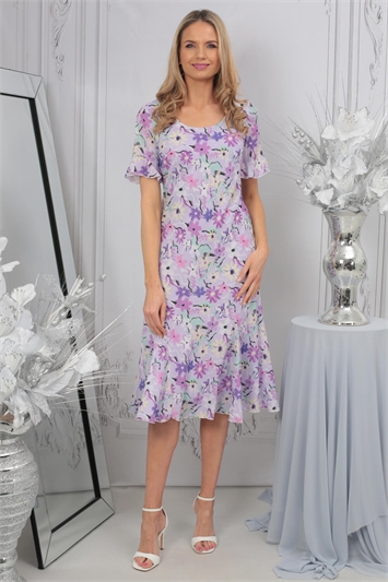 Purple Julianna Floral Print Bias Cut Dress