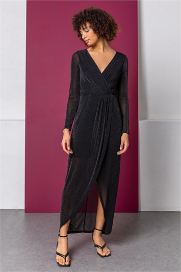 Black Shimmer Wrap Fitted Maxi Dress, Image 3 of 5