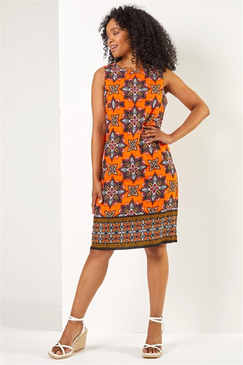 Orange Petite Tribal Border Print Shift Dress, Image 3 of 5