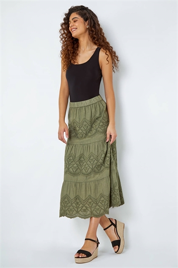 Brown Broderie Tiered Stretch Midi Skirt