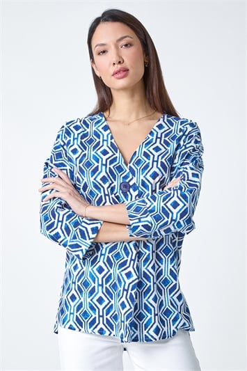 Blue Geometric Pleated Button Detail V-Neck Top