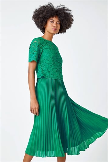 Green Lace Top Overlay Pleated Midi Dress