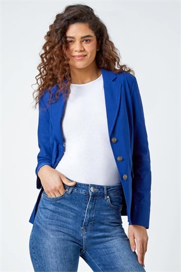 Blue Collarless Cropped Boucle Jacket