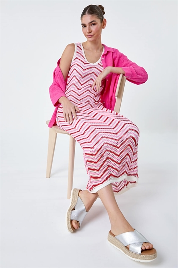 Pink Zig Zag Crochet Knit Midi Dress