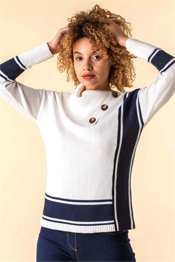 Ivory & Navy Textured Knit Button Detail Stripe Jumper, Image 2 of 3