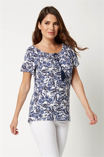 Butterfly Print Top in Navy - Roman Originals UK