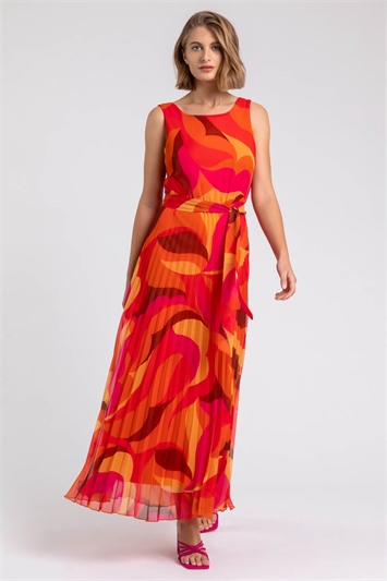 Orange Abstract Print Pleated Maxi Dress, Image 3 of 5