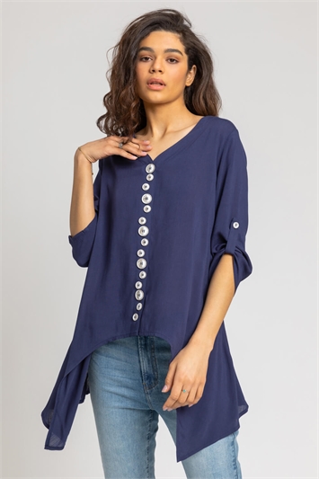 Navy Asymmetric Abstract Button Detail Top, Image 4 of 5