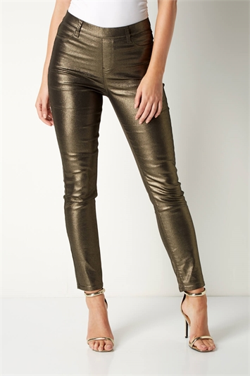 Glitter Faux Leather Trousers in Gold - Roman Originals UK