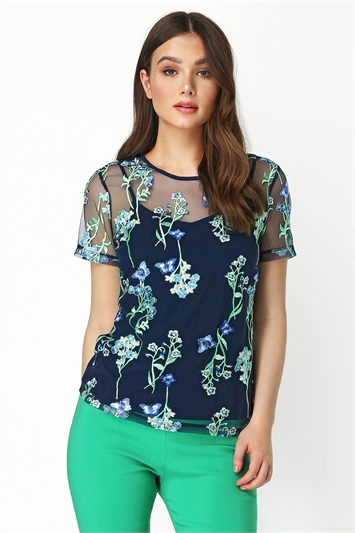 Floral Mesh Embroidered Top in Blue - Roman Originals UK