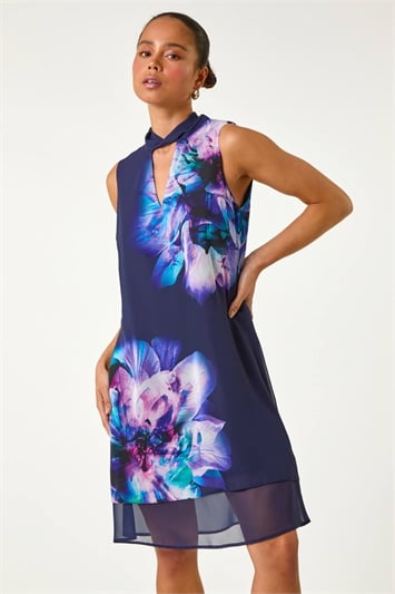 Blue Petite Floral Print Overlay Shift Dress