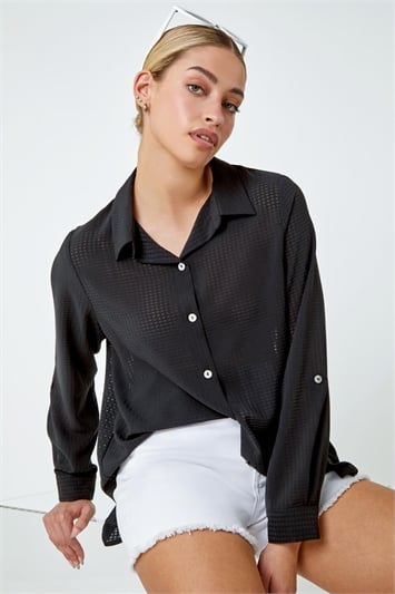 Black Oversized Woven Button Up Shirt