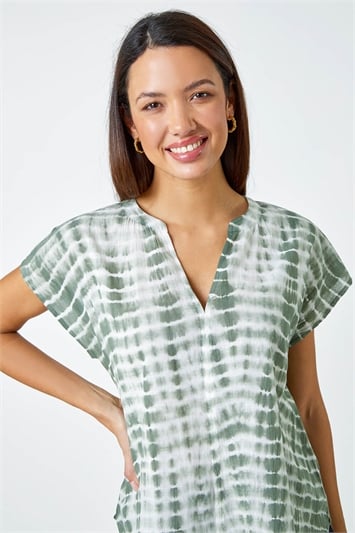 Green Cotton Tie Dye Print V-Neck Top