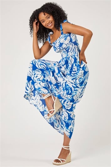 Blue Petite Tropical Print Shirred Maxi Dress , Image 1 of 5