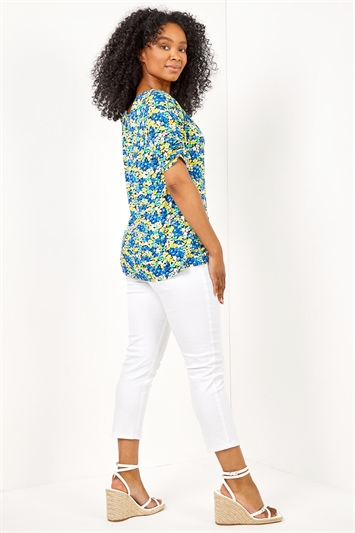 Blue Petite Floral Print Stretch Jersey Gypsy Top, Image 2 of 5