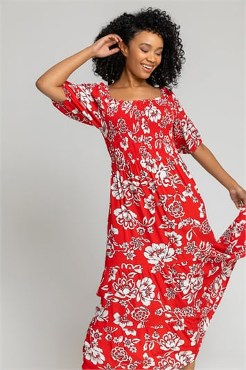 Red Petite Floral Print Shirred Bodice Maxi Dress