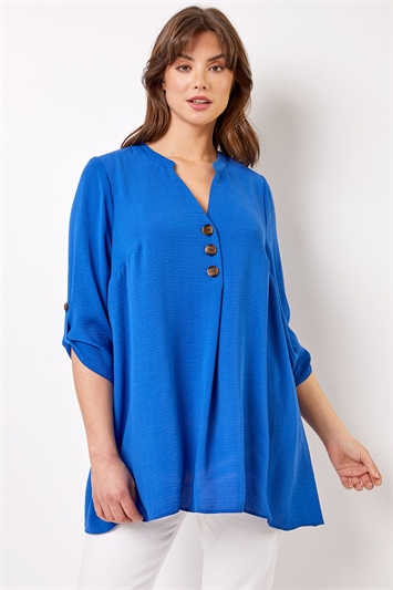 Royal Blue Curve Button Detail Tunic Top, Image 1 of 4