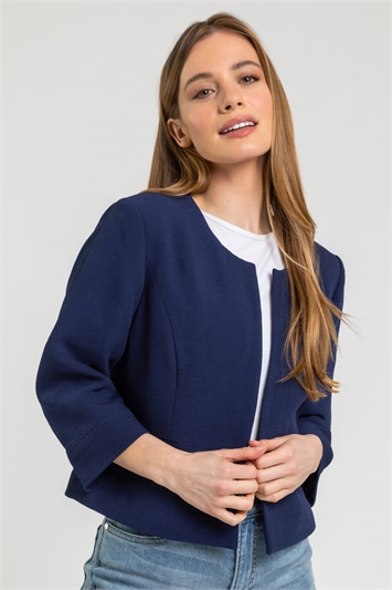 Navy Petite Textured Cropped Jacket, Image 1 of 5