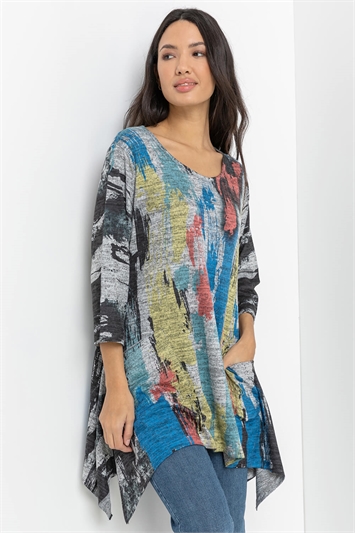 Blue Abstract Print Hanky Hem Slouch Top