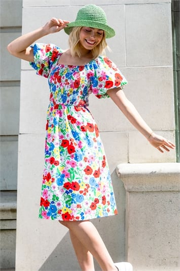 White Floral Puff Sleeve Cotton Dress, Image 1 of 5