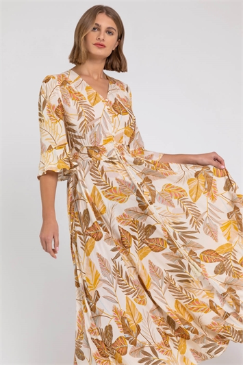 Ivory Leaf Print Frill Detail Maxi Dress , Image 4 of 5