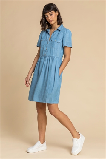 Light Blue Denim Buttoned Shirt Dress, Image 3 of 5