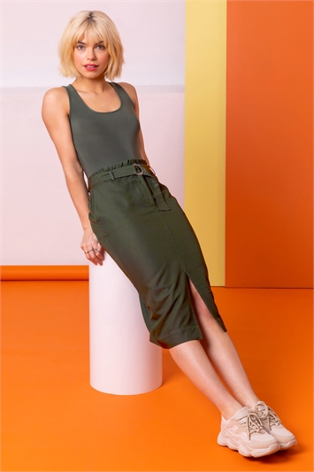 Dark Green Belt Detail Split Front Skirt, Image 4 of 4