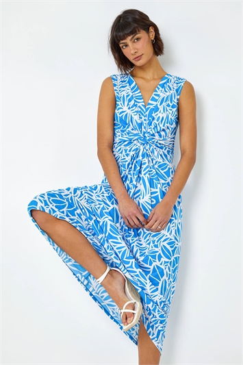 Blue Floral Print Twist Front Maxi Dress