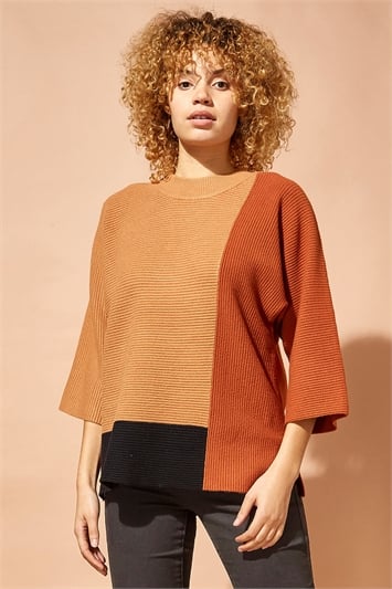 Rust Colour Block Ribbed Jumper, Image 1 of 4