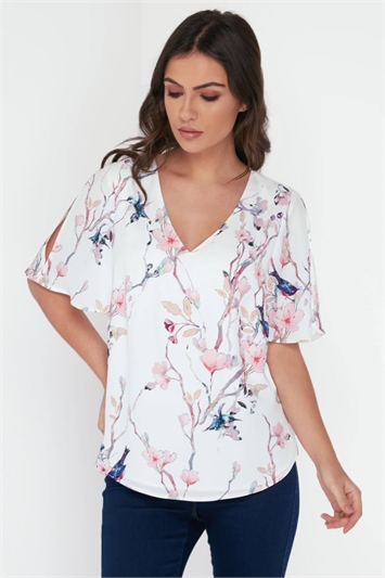 Ivory Floral Angel Sleeve Top, Image 1 of 7
