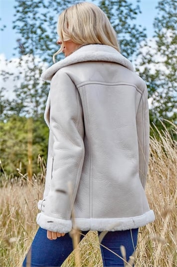 Ivory Faux Fur Lined Zip Detail Aviator Jacket, Image 3 of 4