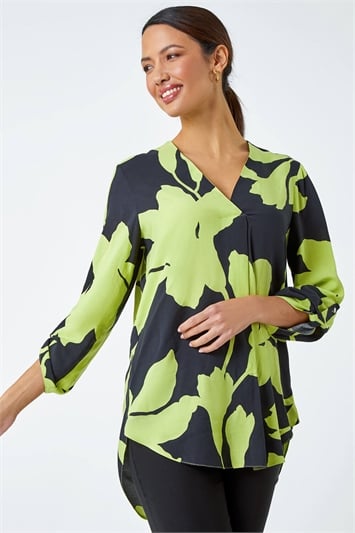 Green Bold Floral Print V-Neck Pleat Front Top