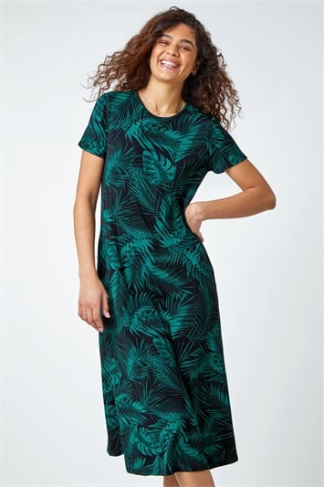 Green Leaf Print Stretch Midi Dress