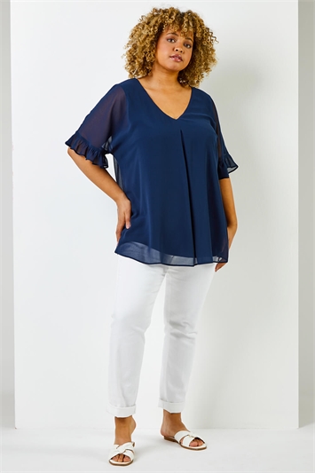 Navy Curve Frill Sleeve Pleat Detail Top, Image 3 of 5
