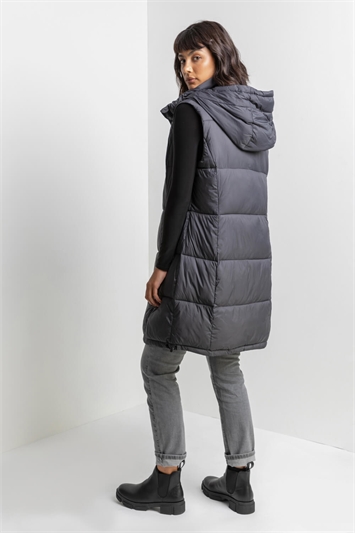 Charcoal Padded Longline Hooded Gilet, Image 2 of 6