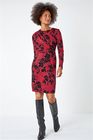 Red Floral Ruched Waist Stretch Dress