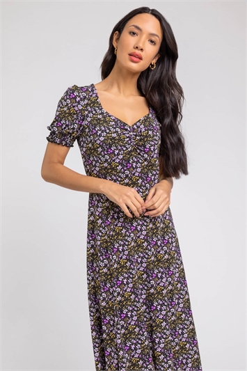 Lilac Ditsy Floral Ruched Midi Dress, Image 4 of 5