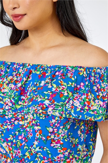 Blue Petite Ditsy Floral Bardot Top, Image 5 of 5
