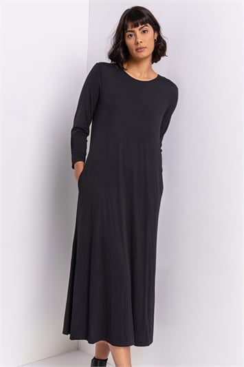 Black Pocket Jersey Midi Dress