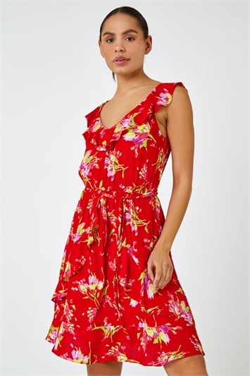 Red Floral Frill Detail Fit & Flare Dress