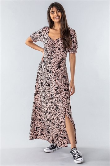 Pink Animal Floral Print Maxi Tea Dress