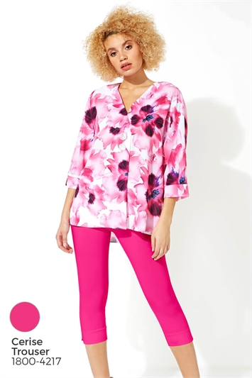 Fuchsia Floral Print Oversized Button Top, Image 7 of 8