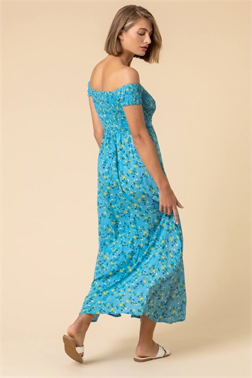 Blue Shirred Ditsy Floral Print Bardot Dress, Image 2 of 4