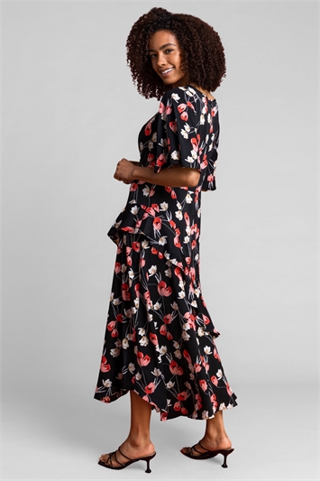 Black Floral Print Chiffon Midi Dress