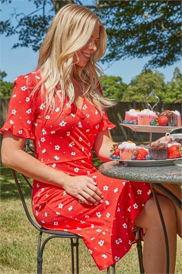 Red Floral Stretch Jersey Tea Dress, Image 2 of 4