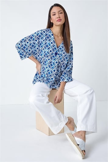 Blue Geometric Pleated Button Detail Top